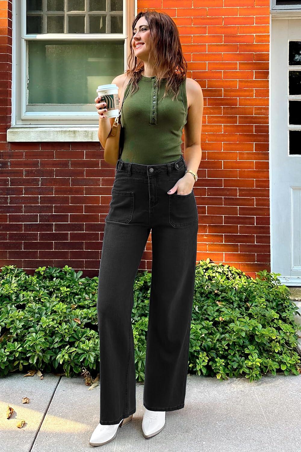 imageArachampampCloz Womens Stretchy Denim Adjustable Waist Buttons High Waisted Wide Leg Jeans 2025Black