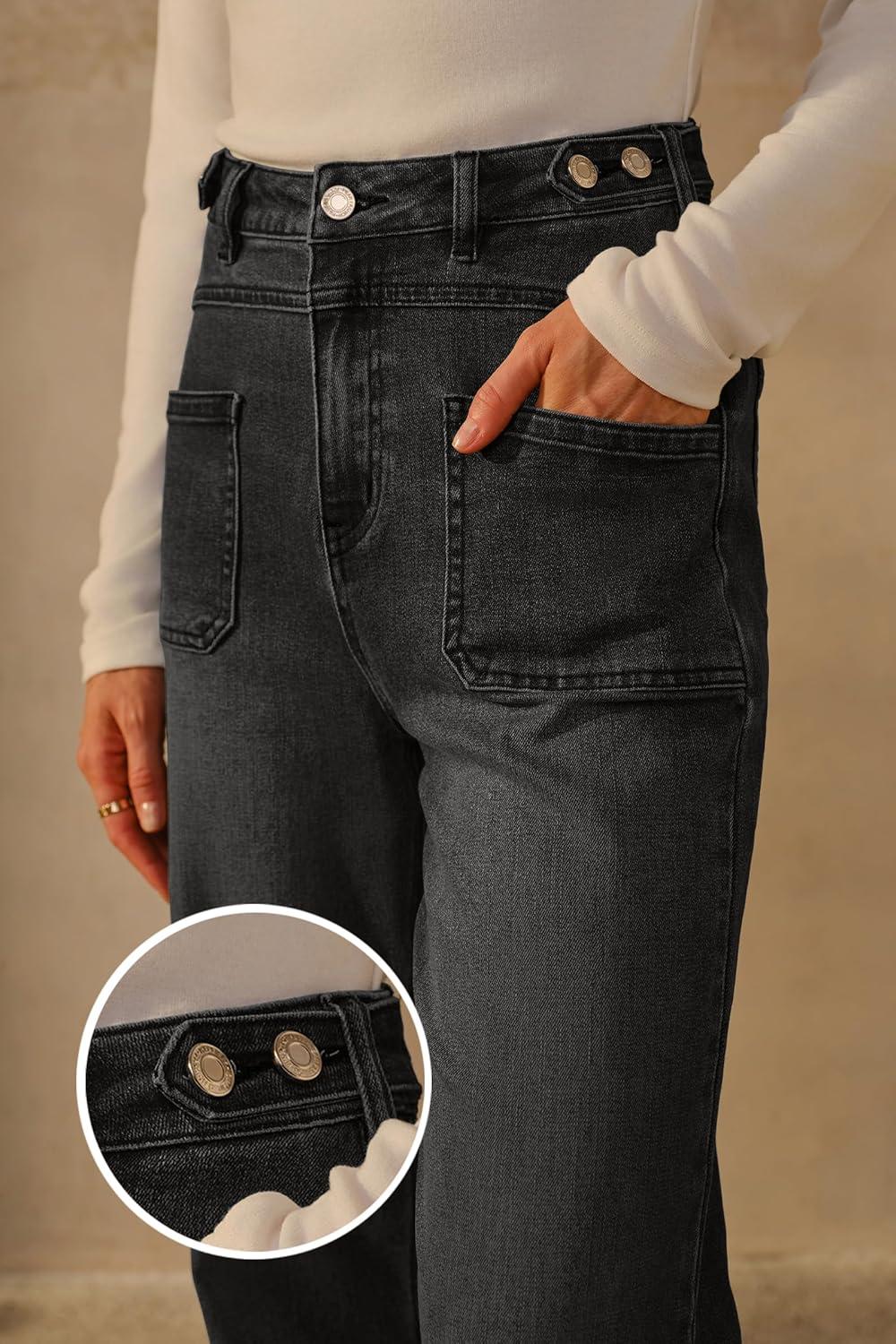 imageArachampampCloz Womens Stretchy Denim Adjustable Waist Buttons High Waisted Wide Leg Jeans 2025Black