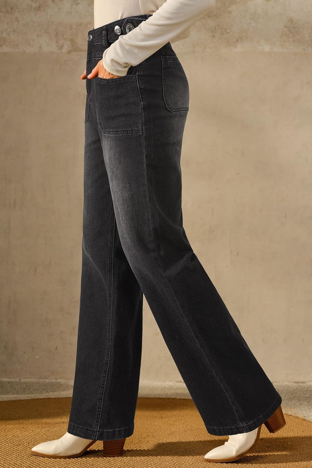 imageArachampampCloz Womens Stretchy Denim Adjustable Waist Buttons High Waisted Wide Leg Jeans 2025Black