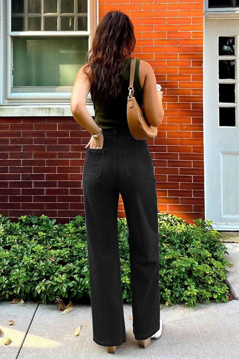 imageArachampampCloz Womens Stretchy Denim Adjustable Waist Buttons High Waisted Wide Leg Jeans 2025Black