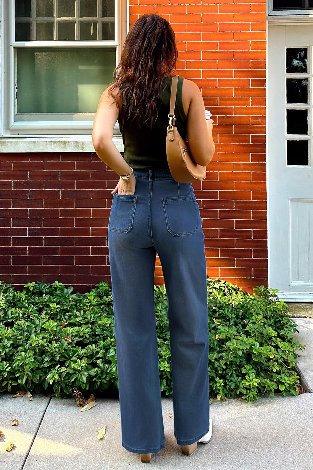 imageArachampampCloz Womens Stretchy Denim Adjustable Waist Buttons High Waisted Wide Leg Jeans 2025Blue