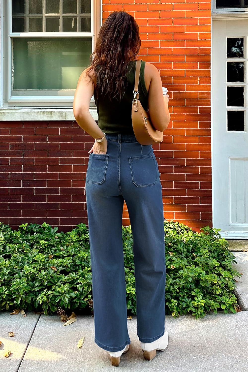 imageArachampampCloz Womens Stretchy Denim Adjustable Waist Buttons High Waisted Wide Leg Jeans 2025Blue