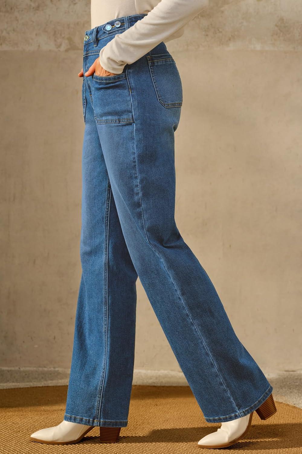 imageArachampampCloz Womens Stretchy Denim Adjustable Waist Buttons High Waisted Wide Leg Jeans 2025Blue