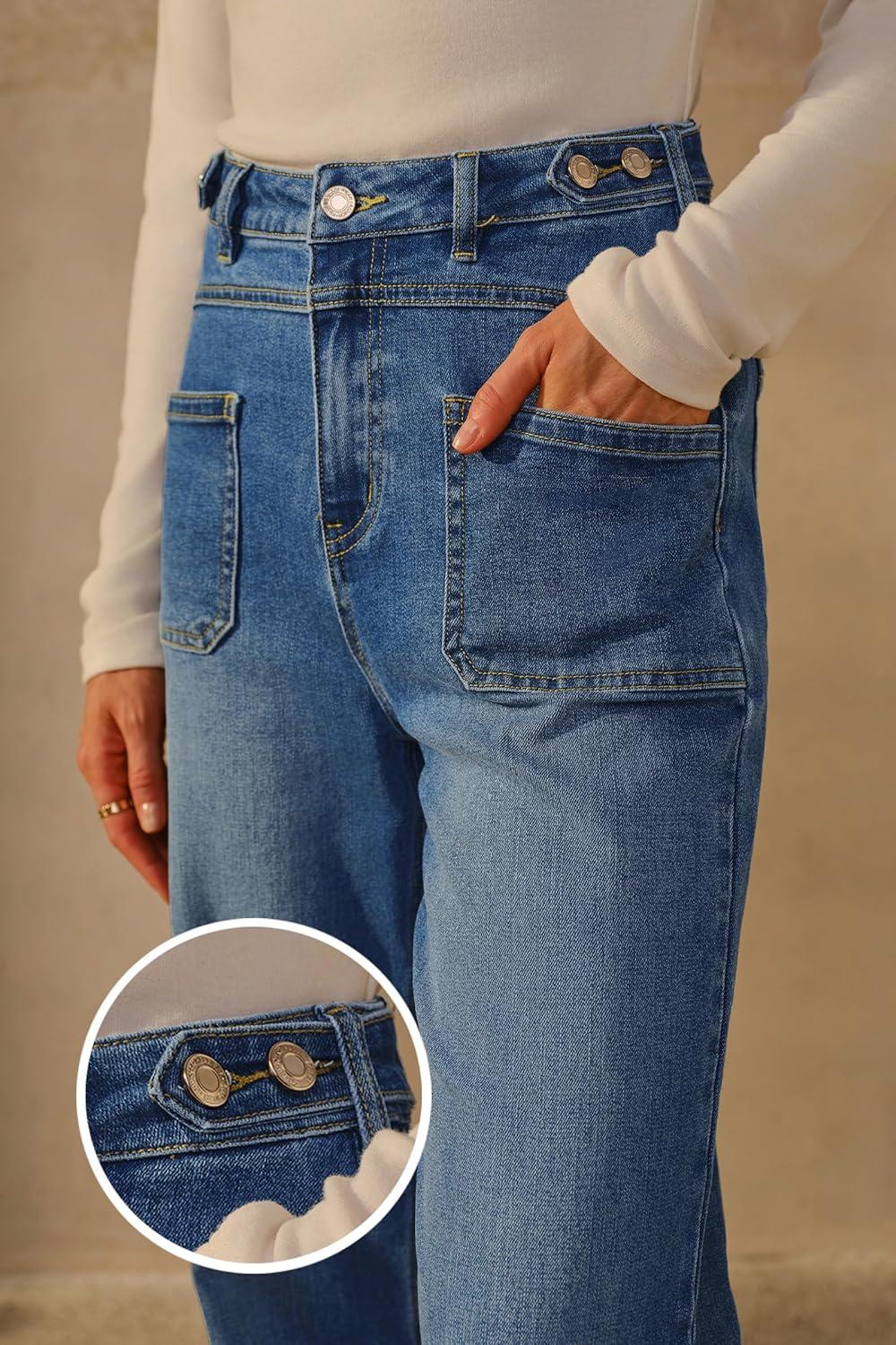 imageArachampampCloz Womens Stretchy Denim Adjustable Waist Buttons High Waisted Wide Leg Jeans 2025Blue