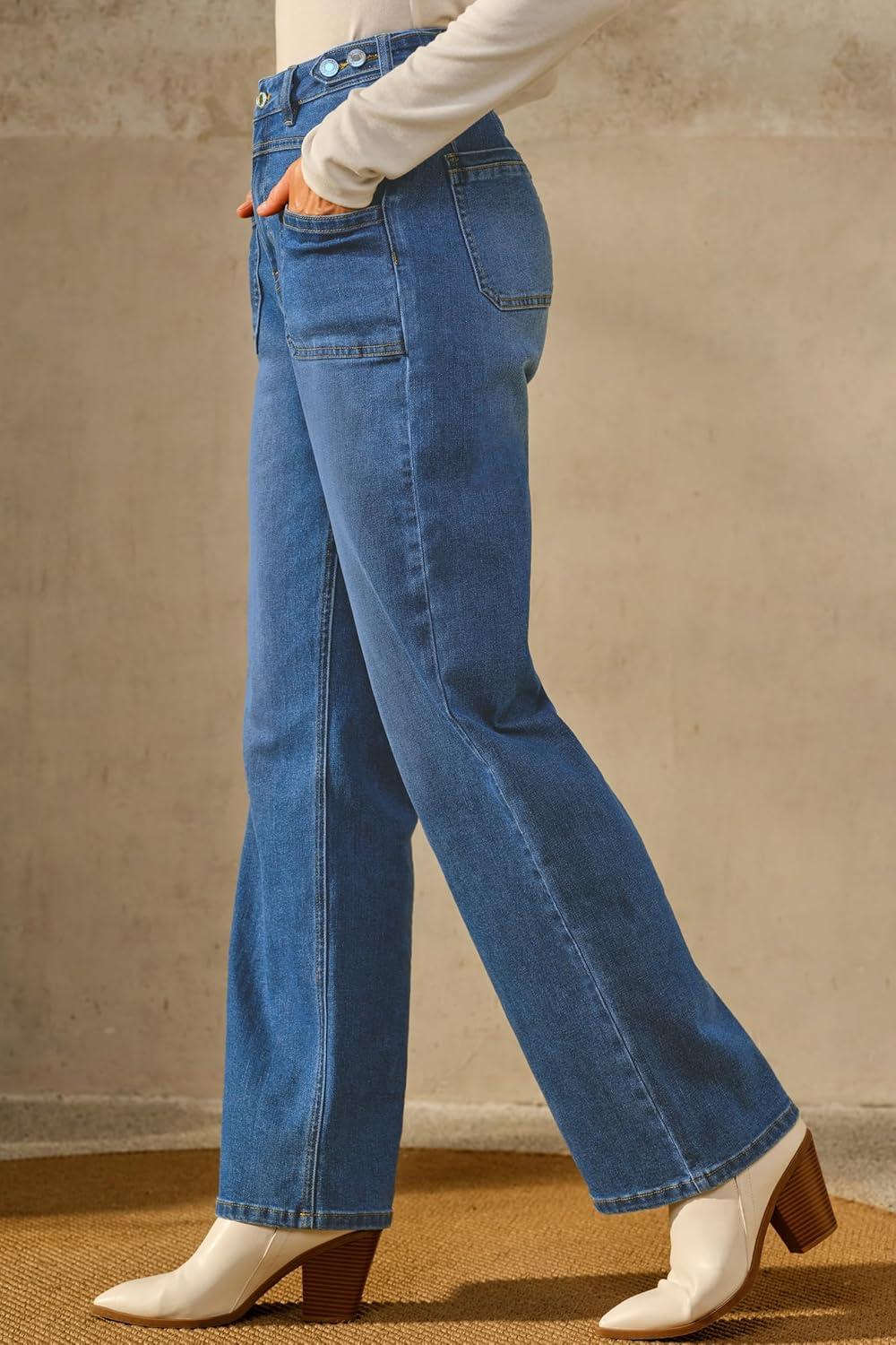 imageArachampampCloz Womens Stretchy Denim Adjustable Waist Buttons High Waisted Wide Leg Jeans 2025Blue