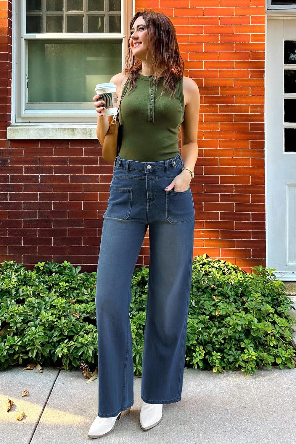 imageArachampampCloz Womens Stretchy Denim Adjustable Waist Buttons High Waisted Wide Leg Jeans 2025Blue