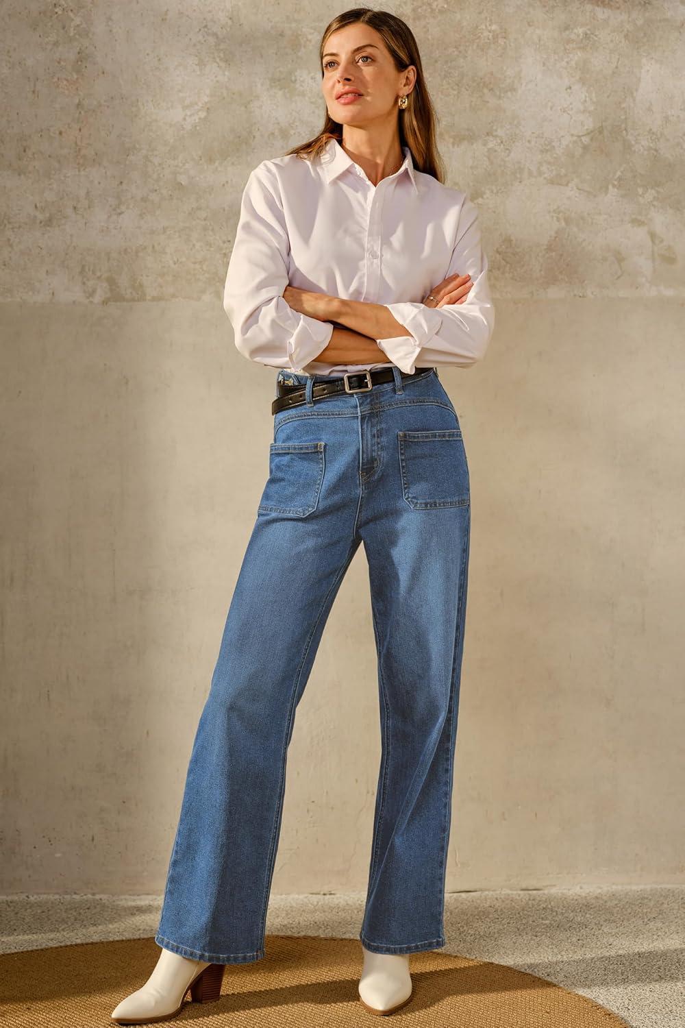 imageArachampampCloz Womens Stretchy Denim Adjustable Waist Buttons High Waisted Wide Leg Jeans 2025Blue