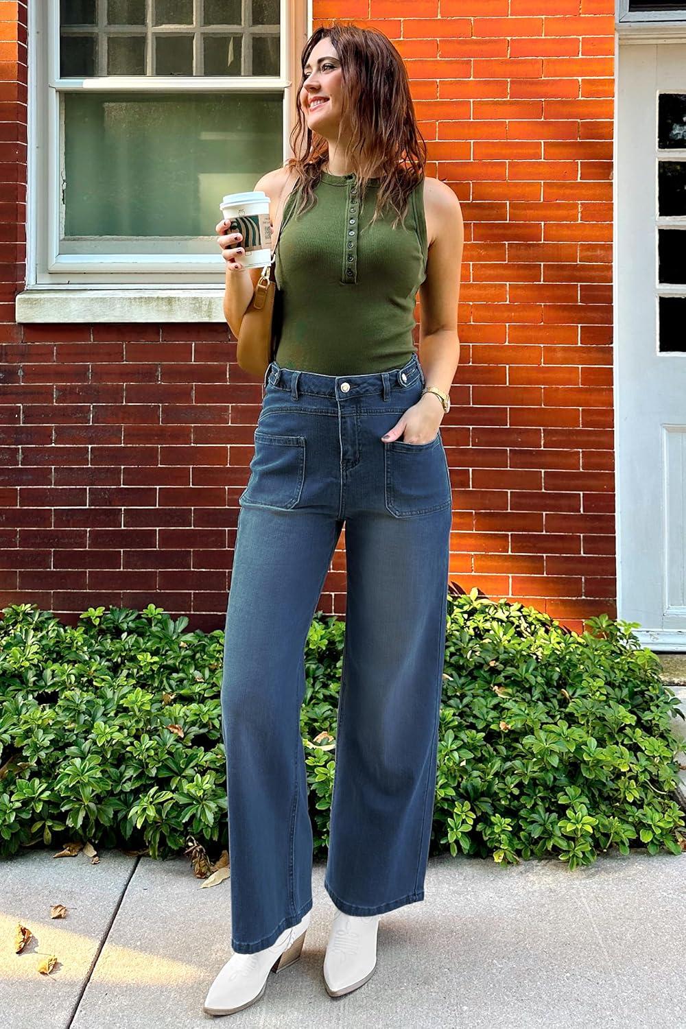 imageArachampampCloz Womens Stretchy Denim Adjustable Waist Buttons High Waisted Wide Leg Jeans 2025Blue