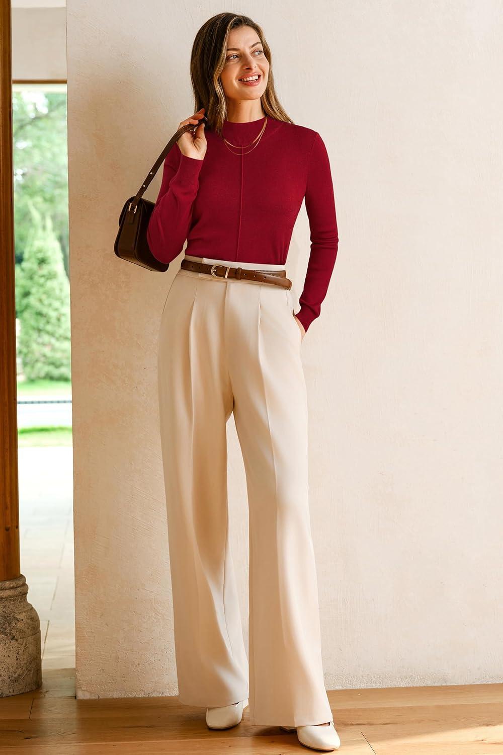 imageArachampampCloz Womens Wool Blend Fall Sweaters Mock Neck Business Casual OutfitsBurgundy Red