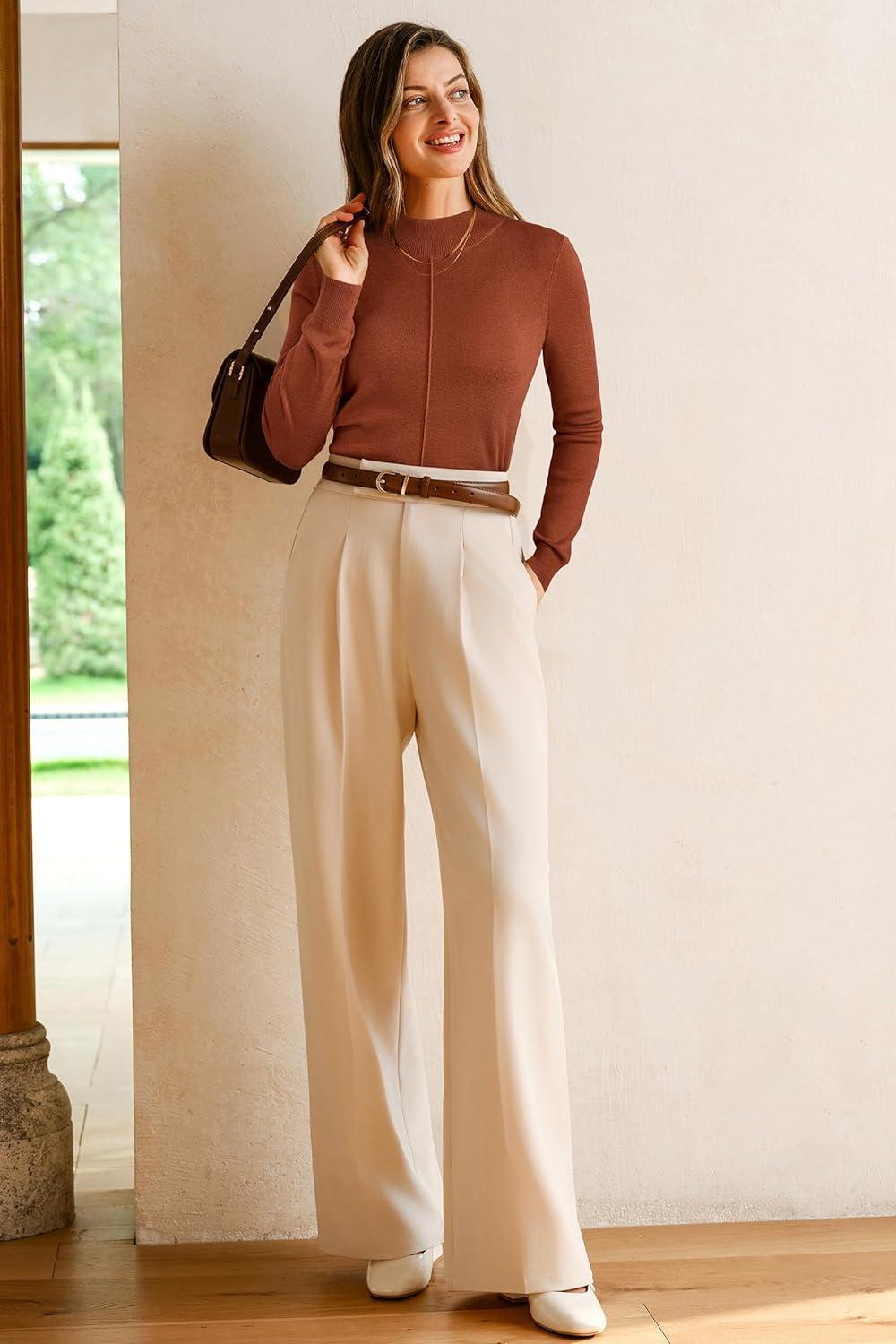 imageArachampampCloz Womens Wool Blend Fall Sweaters Mock Neck Business Casual OutfitsCaramel