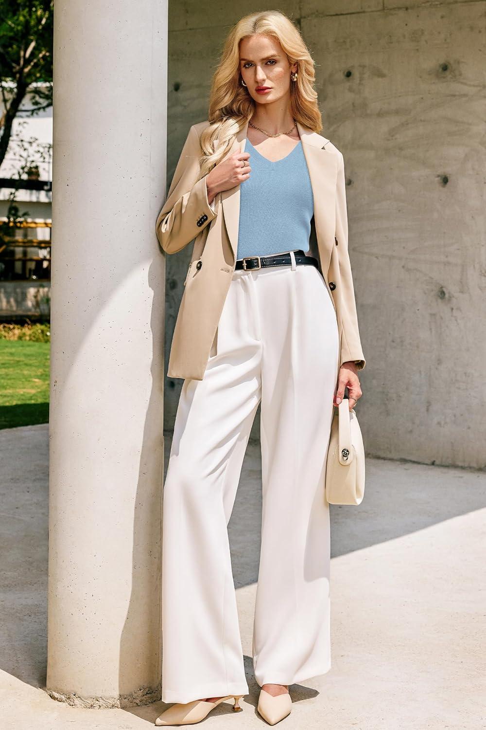 imageArachampampCloz Womens Wool Blend Sweaters Non See Through Double VNeck AllSeason Tank 2025Light Blue