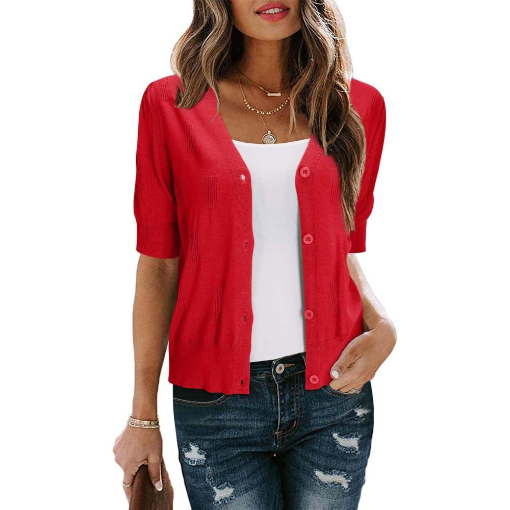 imageArachampampCloz Womens Lightweight Summer Business Casual Cropped Short Sleeve CardiganDeep Orange Red