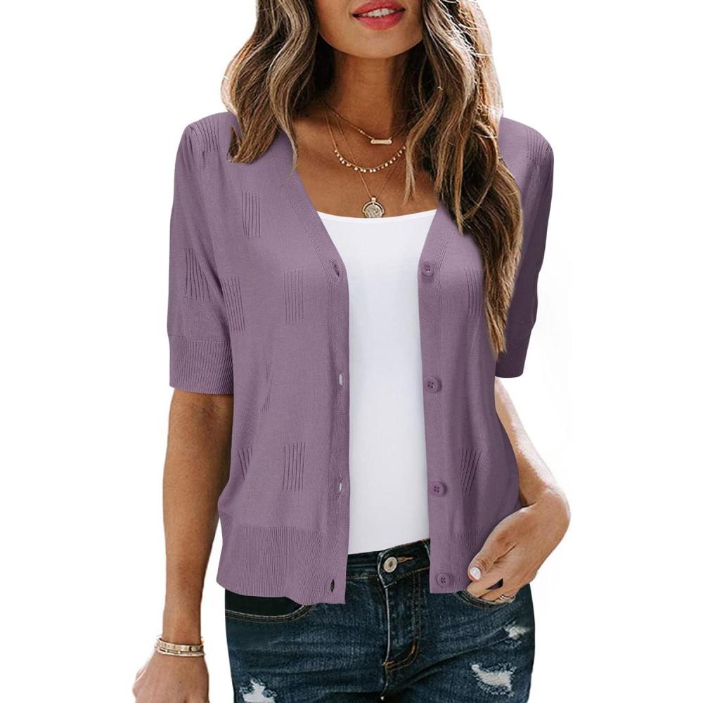 imageArachampampCloz Womens Lightweight Summer Business Casual Cropped Short Sleeve CardiganGrey Purple