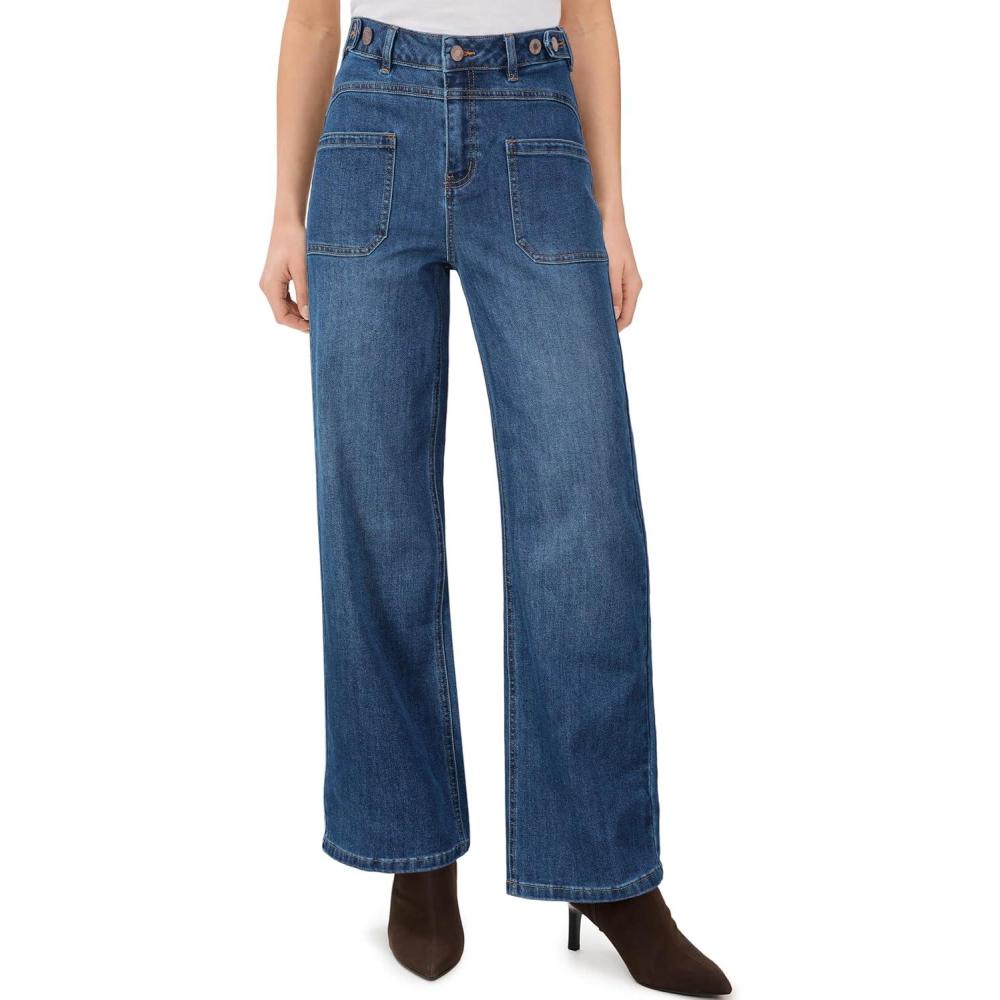 imageArachampampCloz Womens Stretchy Denim Adjustable Waist Buttons High Waisted Wide Leg Jeans 2025Blue