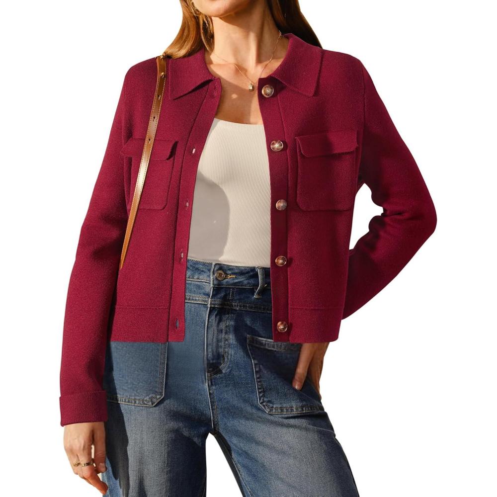 imageArachampampCloz Womens Wool Blend Fall Fashion Button Down Cropped Jacket Shackets 2025Red