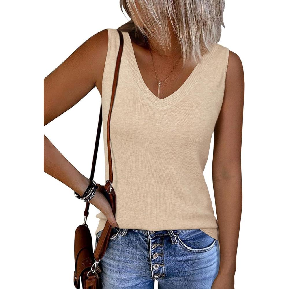 imageArachampampCloz Womens Wool Blend Sweaters Non See Through Double VNeck AllSeason Tank 2025Khaki