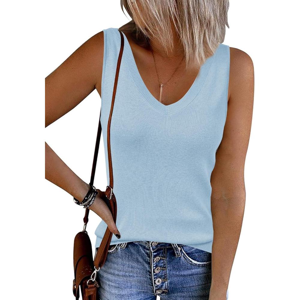 imageArachampampCloz Womens Wool Blend Sweaters Non See Through Double VNeck AllSeason Tank 2025Light Blue