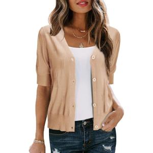 Arach&Cloz Women’s Lightweight Summer Business Casual Cropped Short Sleeve Cardigan(Apricot)
