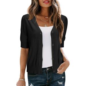Arach&Cloz Women’s Lightweight Summer Business Casual Cropped Short Sleeve Cardigan(Black)