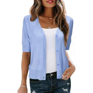 Arach&Cloz Women’s Lightweight Summer Business Casual Cropped Short Sleeve Cardigan(Blue)