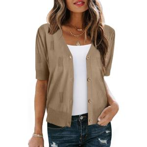 Arach&Cloz Women’s Lightweight Summer Business Casual Cropped Short Sleeve Cardigan(Camel)