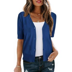 Arach&Cloz Women’s Lightweight Summer Business Casual Cropped Short Sleeve Cardigan(Dark Blue)
