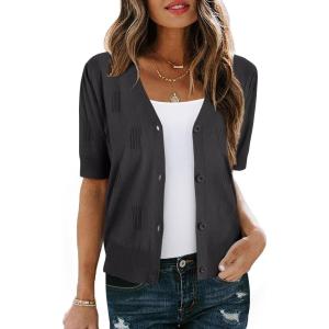 Arach&Cloz Women’s Lightweight Summer Business Casual Cropped Short Sleeve Cardigan(Dark Gray)