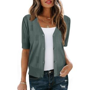 Arach&Cloz Women’s Lightweight Summer Business Casual Cropped Short Sleeve Cardigan(Dusty Emerald)