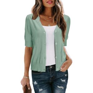 Arach&Cloz Women’s Lightweight Summer Business Casual Cropped Short Sleeve Cardigan(Green011)
