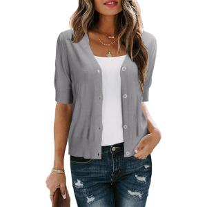 Arach&Cloz Women’s Lightweight Summer Business Casual Cropped Short Sleeve Cardigan(Grey)