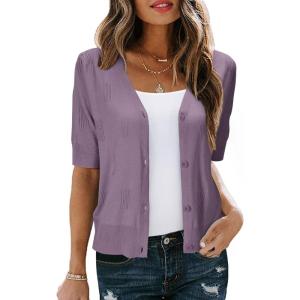 Arach&Cloz Women’s Lightweight Summer Business Casual Cropped Short Sleeve Cardigan(Grey Purple)