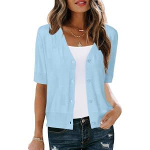 Arach&Cloz Women’s Lightweight Summer Business Casual Cropped Short Sleeve Cardigan(Light Blue)