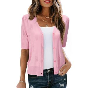 Arach&Cloz Women’s Lightweight Summer Business Casual Cropped Short Sleeve Cardigan(Light Pink)