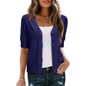 Arach&Cloz Women’s Lightweight Summer Business Casual Cropped Short Sleeve Cardigan(Navy)