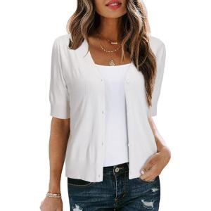 Arach&Cloz Women’s Lightweight Summer Business Casual Cropped Short Sleeve Cardigan(Off-white)