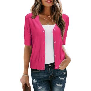 Arach&Cloz Women’s Lightweight Summer Business Casual Cropped Short Sleeve Cardigan(Rose Red)