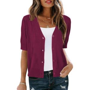 Arach&Cloz Women’s Lightweight Summer Business Casual Cropped Short Sleeve Cardigan(Wine Red)