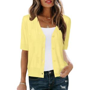 Arach&Cloz Women’s Lightweight Summer Business Casual Cropped Short Sleeve Cardigan(Yellow)