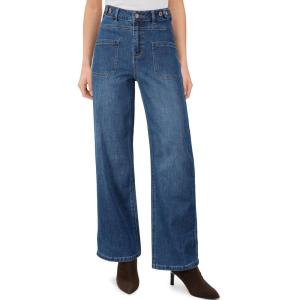 Arach&Cloz Women’s Stretchy Denim Adjustable Waist Buttons High Waisted Wide Leg Jeans 2025(Blue)