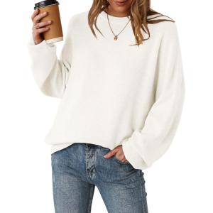 Arach&Cloz Women’s Wool Blend Oversized Sweaters Crewneck Casual Fall Outfits Fashion Tops(White)