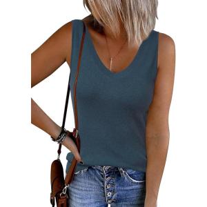 Arach&Cloz Women’s Wool Blend Sweaters Non See Through Double V-Neck All-Season Tank 2025(Dark Blue)