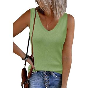 Arach&Cloz Women’s Wool Blend Sweaters Non See Through Double V-Neck All-Season Tank 2025(Leaves Green)