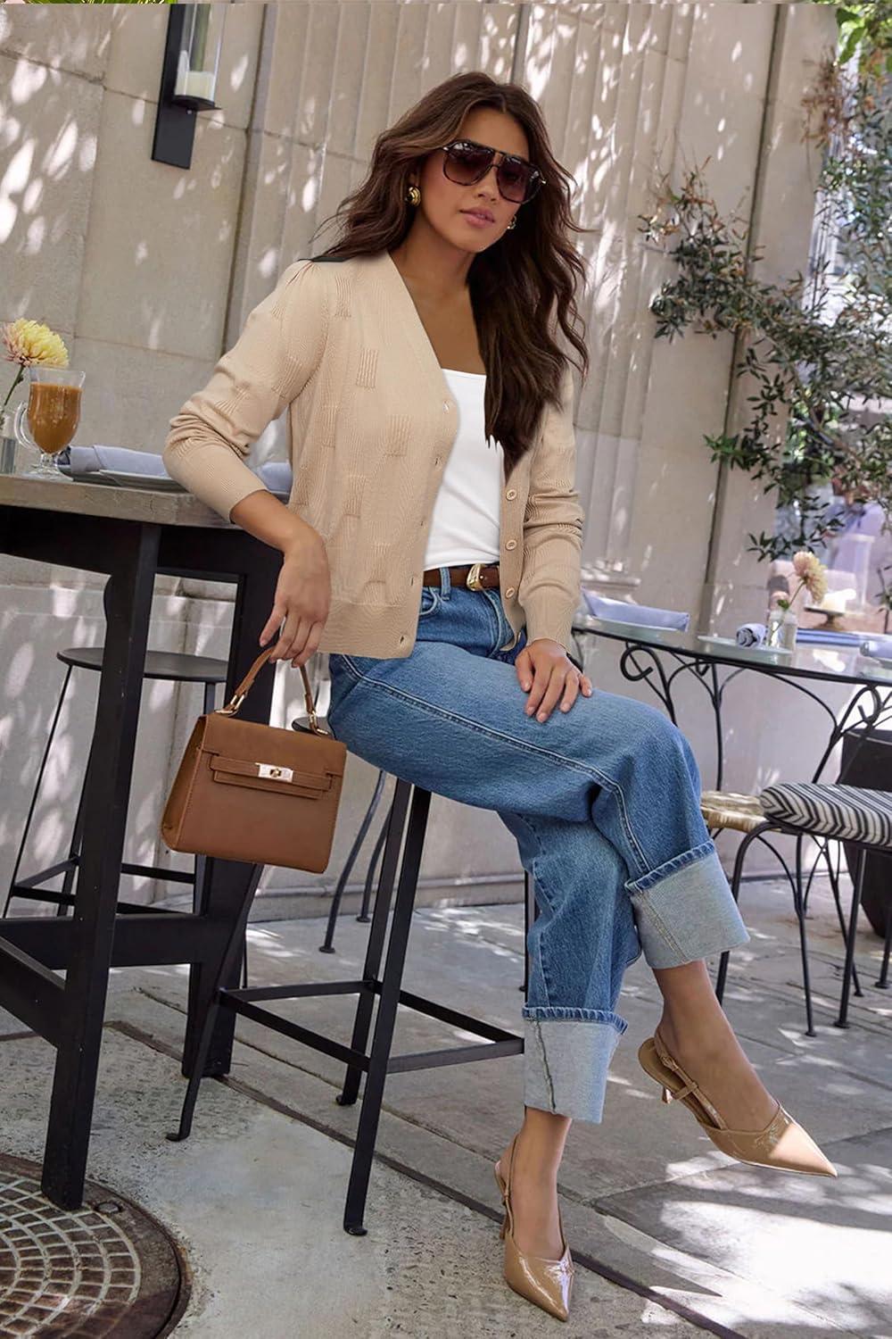 imageArachampampCloz Womens Soft Cropped Cardigan Casual Lightweight Shrug Sweater TopsApricot