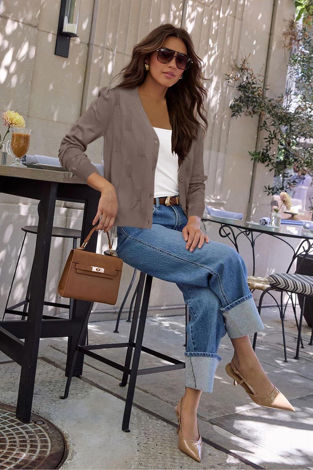 imageArachampampCloz Womens Soft Cropped Cardigan Casual Lightweight Shrug Sweater TopsCamel