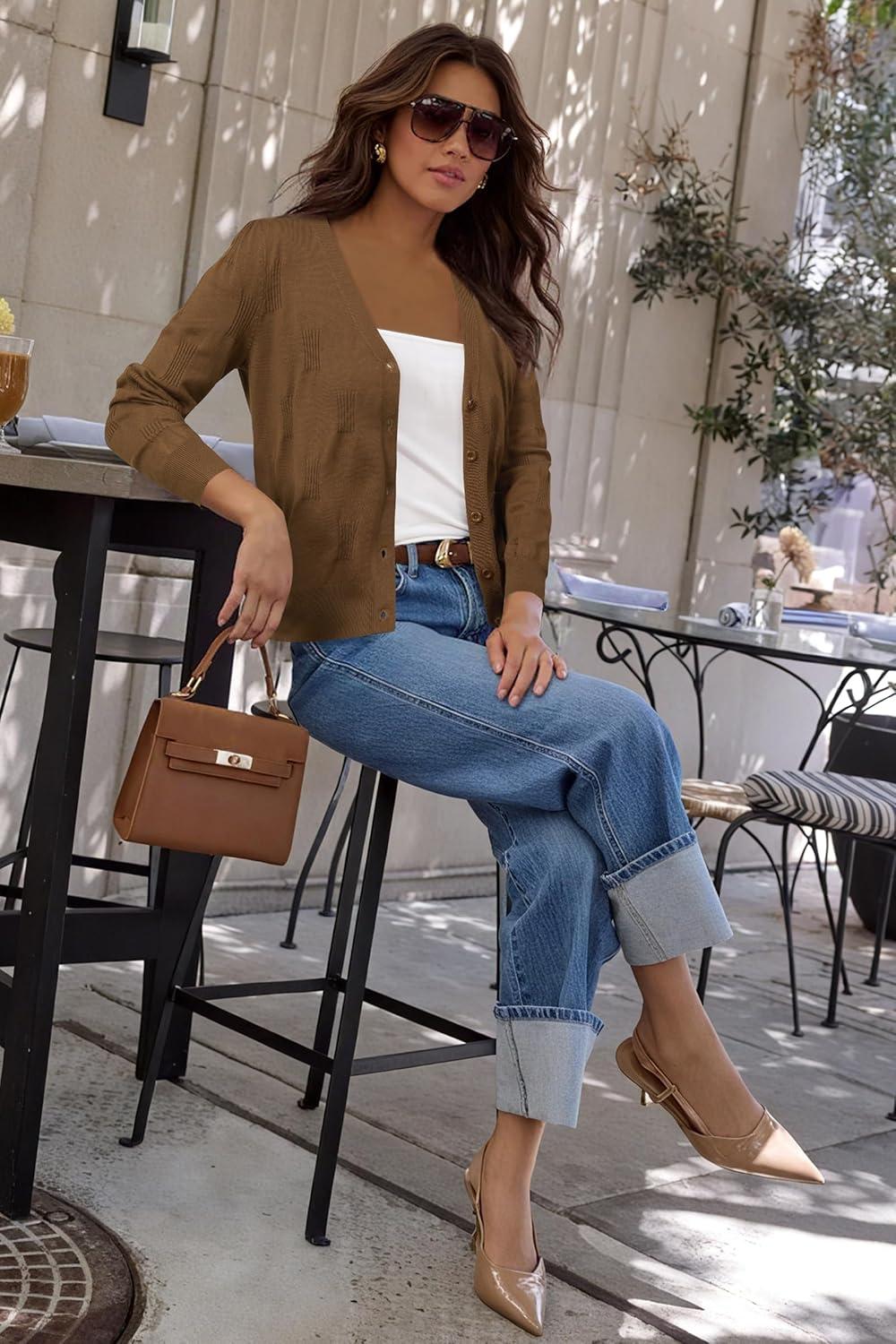 imageArachampampCloz Womens Soft Cropped Cardigan Casual Lightweight Shrug Sweater TopsCoffee