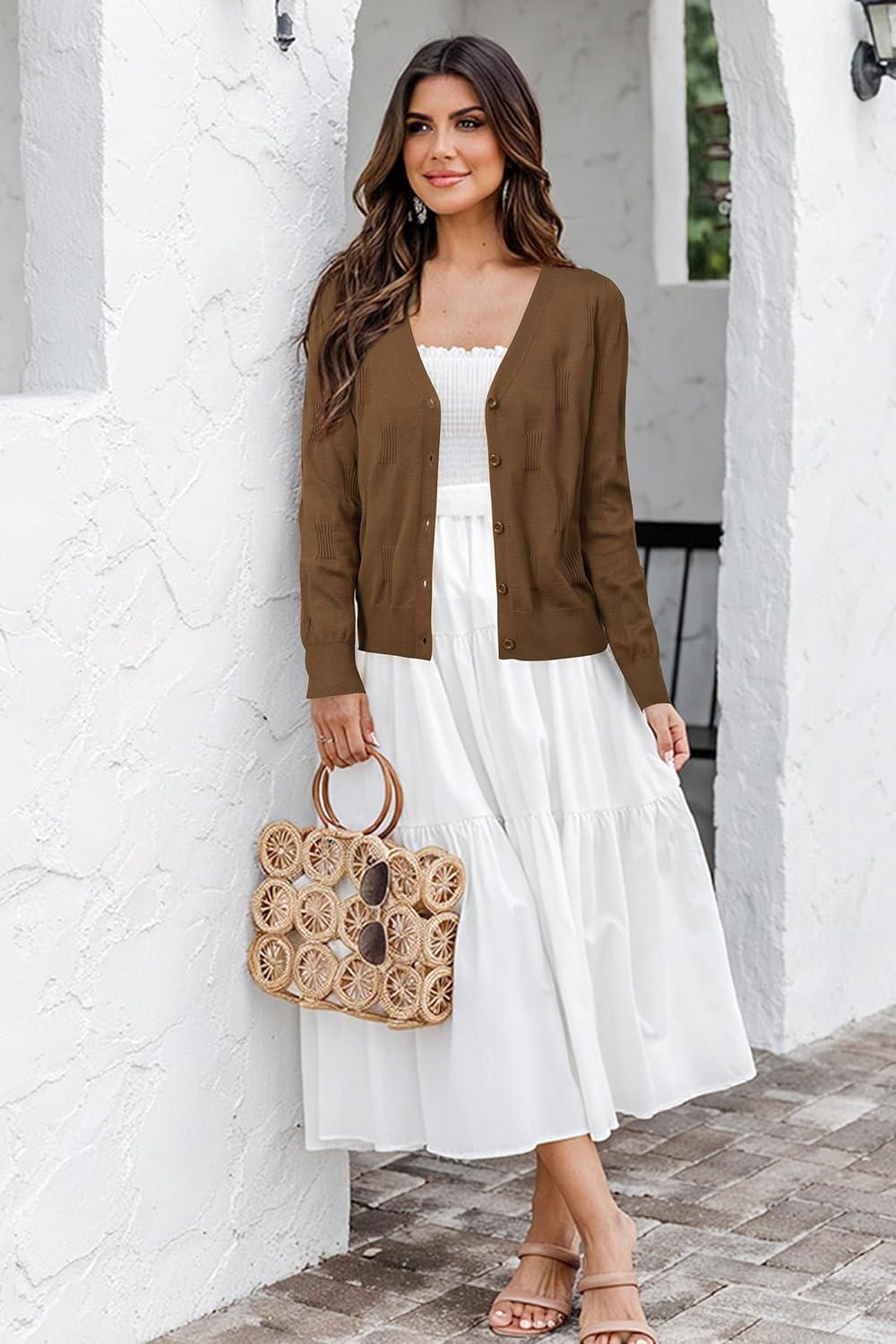 imageArachampampCloz Womens Soft Cropped Cardigan Casual Lightweight Shrug Sweater TopsCoffee