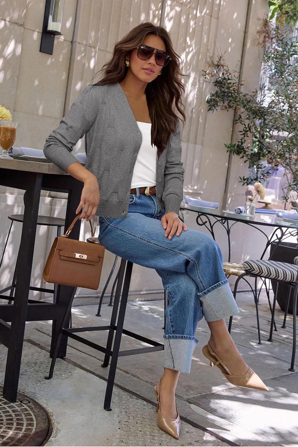 imageArachampampCloz Womens Soft Cropped Cardigan Casual Lightweight Shrug Sweater TopsDark Gray