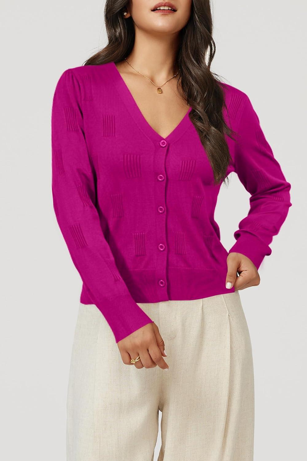 imageArachampampCloz Womens Soft Cropped Cardigan Casual Lightweight Shrug Sweater TopsMagenta Pink