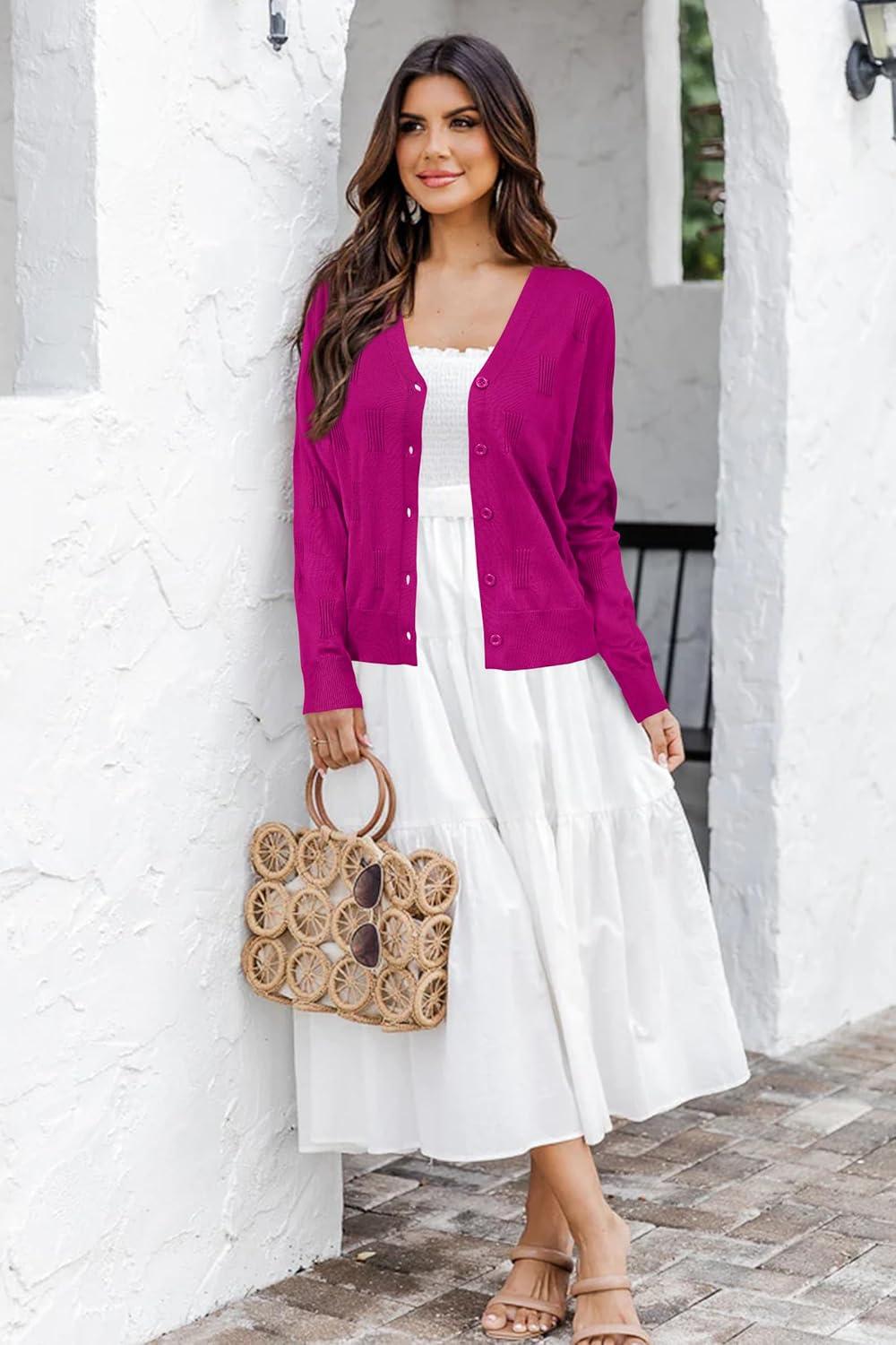 imageArachampampCloz Womens Soft Cropped Cardigan Casual Lightweight Shrug Sweater TopsMagenta Pink