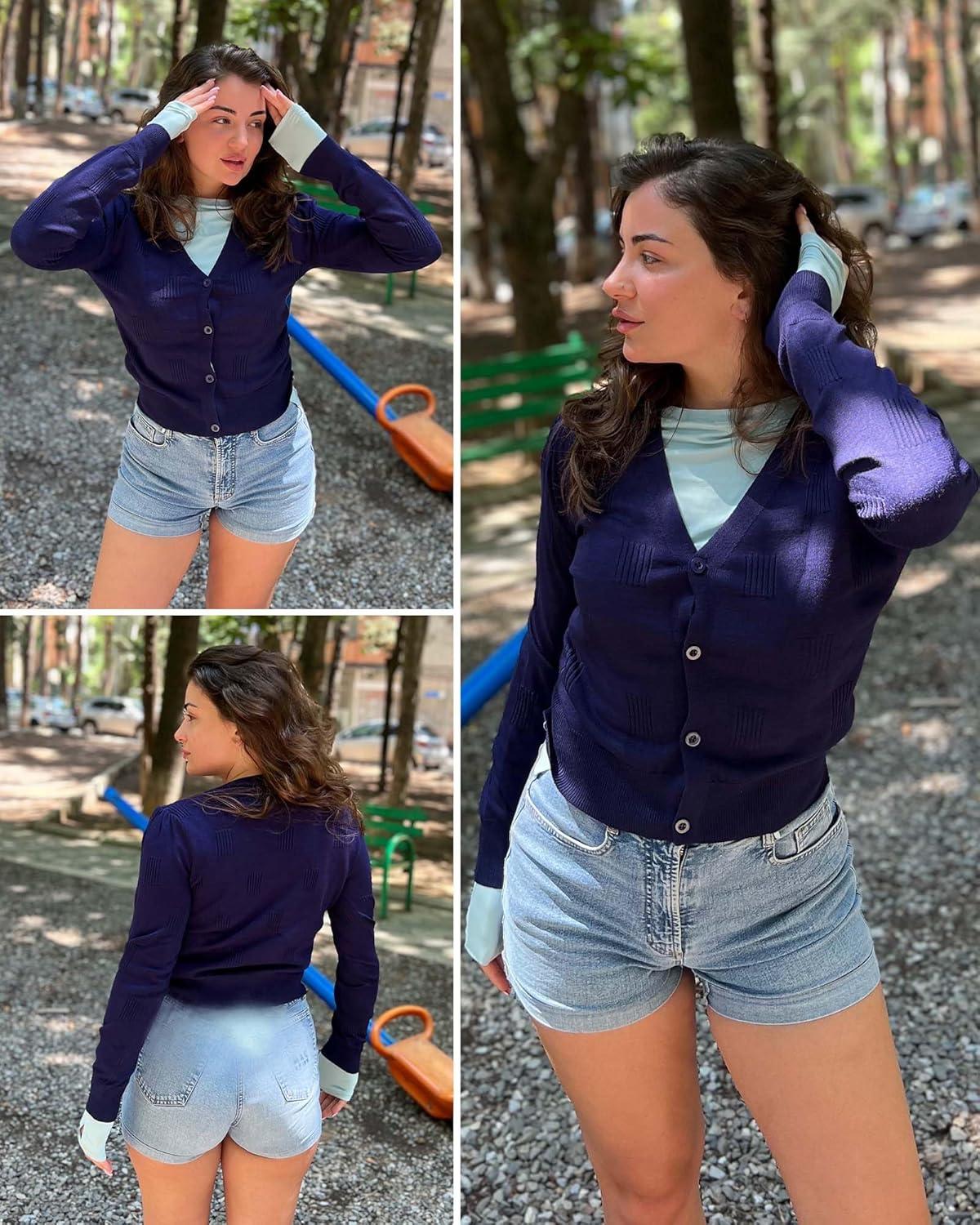 imageArachampampCloz Womens Soft Cropped Cardigan Casual Lightweight Shrug Sweater TopsNavy